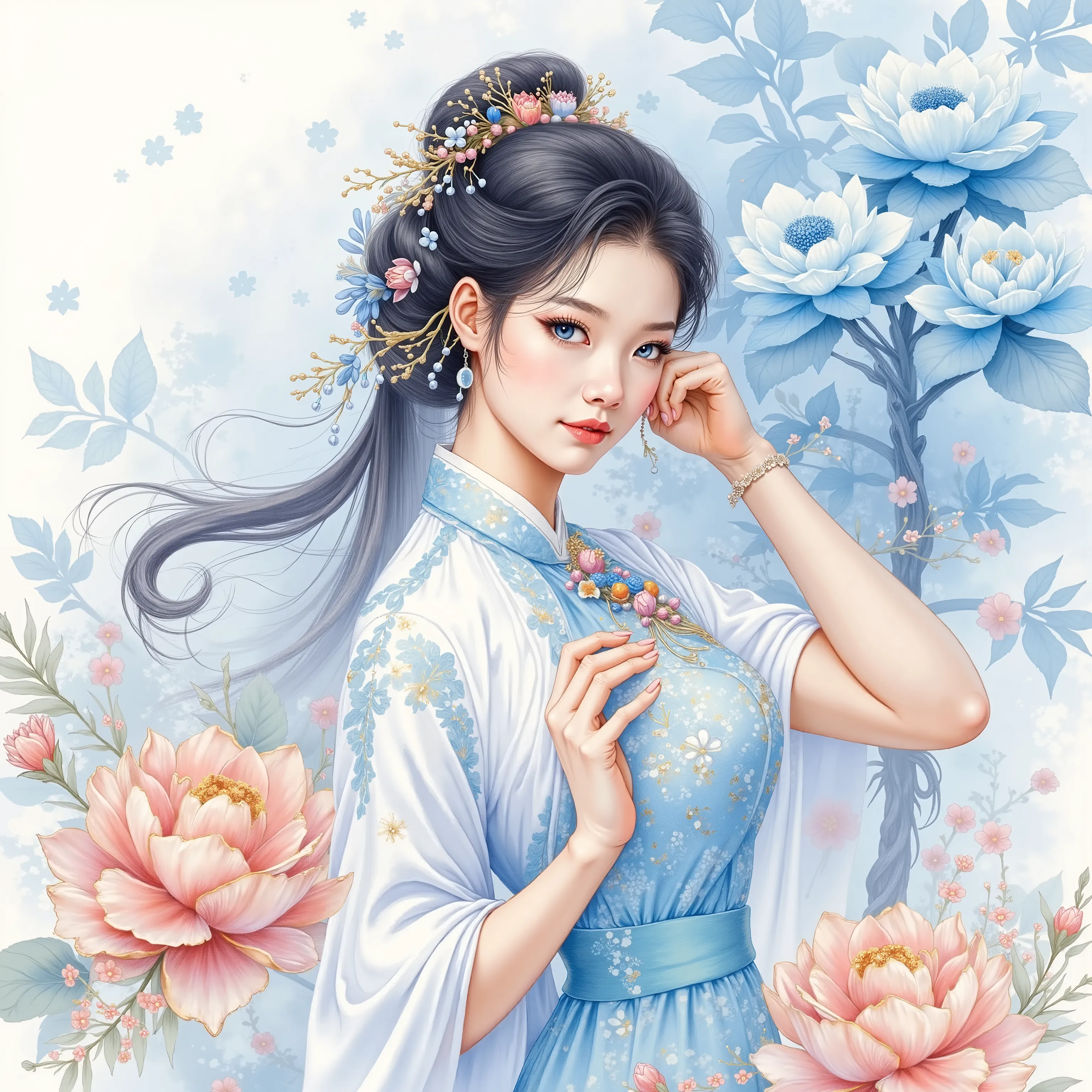 painting of a woman wearing Chinese dress, blue eyes, light blue flower in background, color splashing, pastel color, intricate detailed