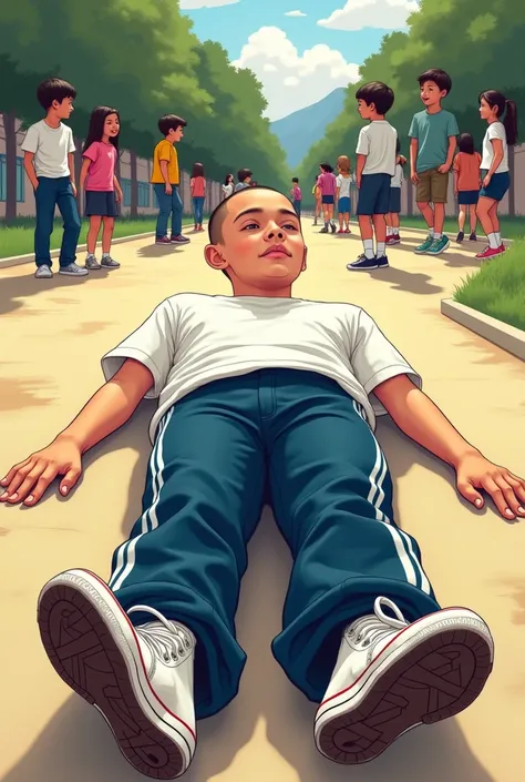  book-style illustration of a 16-year-old boy lying on his back in the schoolyard during recess .  Her posture is relaxed ,  as if you were enjoying of a quiet moment in the midst of the hustle and bustle of recess .  With a completely shaved head ,  the d...