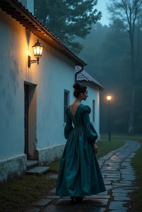 Wall of a colonial mansion,  painted white , Front view of the wall.  An 18th century lady, wearing robes from that period, dress in turquoise color, With black hair tied in a bun. walking in profile , Crossing a stone-paved street. dark foggy night, illum...