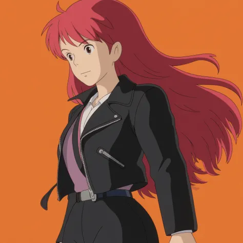  in a black leather jacket、(very red hair) ,  long hair,  wearing black leather jacket, red hair  long hair, brown eye,  fringe pink bangs medium ,  black pants ,  art inspired by vivziepop ,sinister yet , Manga 2D, vibrant palette color ,