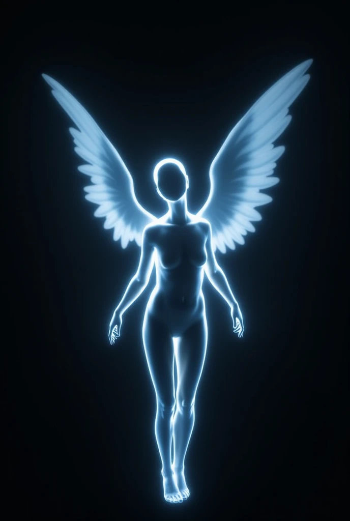 glowing figure with wings. The figure appears to be humanoid, with a distinct head, torso, and limbs, but the details are abstract and not clearly defined. The wings are large and spread out, with a luminous, almost ethereal quality, rendered in shades of ...