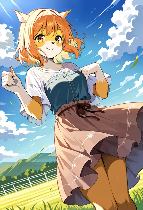 rating_safe, score_9, score_8_up, score_7_up, score_6_up, score_5_up, score_4_up, hires, source_furry(one scene of movie)nature, farm, Blue sky, clouds, florals Beautiful garden(furry anthro, solo, girl, casual fashion, Relux pose, Smile)cinematic lighting...