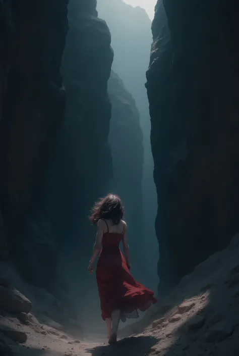 **In the inky abyss, a lone figure emerges: a woman in her mid-20s. Her barely defined silhouette hovers in the void. The bleak landscape of Black Canyon of the Gunnison National Park fades behind her. She is wrapped in a crimson dress, her hair flowing. T...