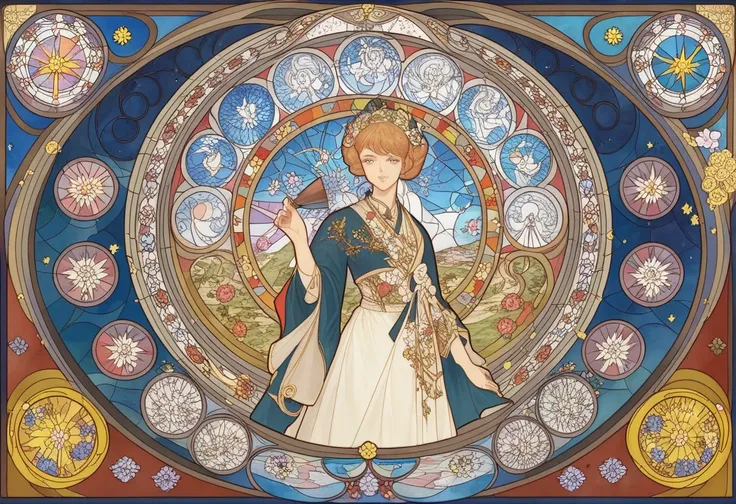 a painting of a woman holding a fan and a butterfly, a detailed painting inspired by Alfonse Mucha, pixiv contest winner, art nouveau, anime art nouveau, korean art nouveau anime, anime art nouveau cosmic display, stained glass wings, stained glass art, st...