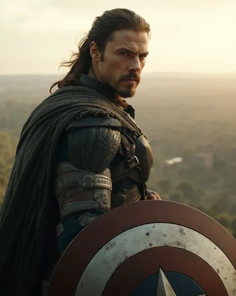 Create a gritty, cinematic portrayal of Captain America as a Gondorian warrior. He wears weathered, battle-worn Gondorian armor with a blue-and-silver tunic underneath, and his shield is a fusion of Gondor’s White Tree and his star emblem, crafted from age...