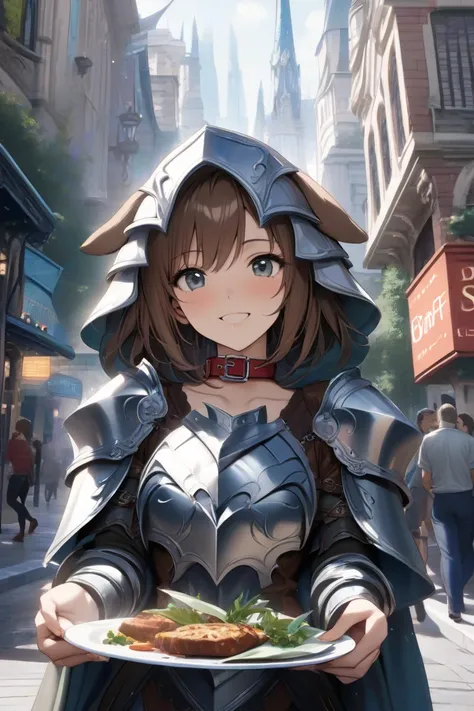 top quality, masterpiece,  high resolution, 8k, (1 girl ), Alone, (((face shot))),  brown short hair, Beautiful Girl with Dog Ears, In the city of fantasy ,  droopy eyes , smile,  plate mail armor with dog collar in hand, Holding a slave's collar in his ha...