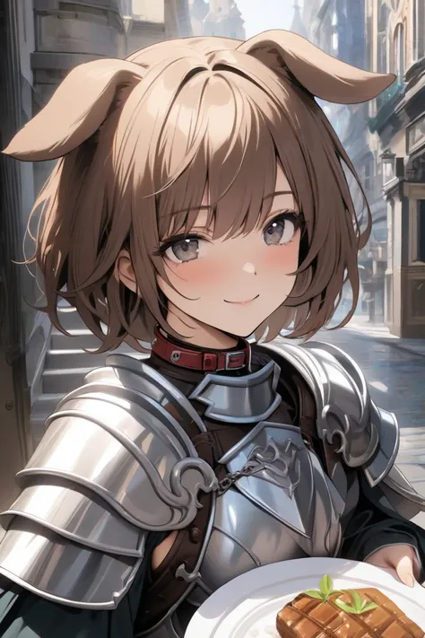 top quality, masterpiece,  high resolution, 8k, (1 girl ), Alone, (((face shot))),  brown short hair, Beautiful Girl with Dog Ears, In the city of fantasy ,  droopy eyes , smile,  plate mail armor with dog collar in hand, Holding a slave's collar in his ha...