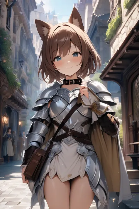 top quality, masterpiece,  high resolution, 8k, (1 girl ), Alone, (((face shot))),  brown short hair, Beautiful Girl with Dog Ears, In the city of fantasy ,  droopy eyes , smile,  plate mail armor with dog collar in hand, Holding a slave's collar in his ha...