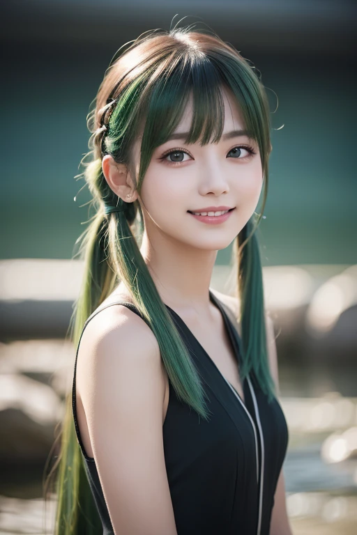  1 girl, Alone,  hair ornament,  green hair,  twin tails,  long hair,  dress, water,, Mid-range portrait photography  ,,  Dark Fantasy Backdrop , Charming grin.,  ultra-realistic and highly detailed intricate photorealistic analog style、Sharp focus of the ...