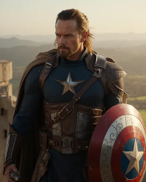Create a gritty, cinematic portrayal of Captain America as a Gondorian warrior. He wears weathered, battle-worn Gondorian armor with a blue-and-silver tunic underneath, and his shield is a fusion of Gondor’s White Tree and his star emblem, crafted from age...