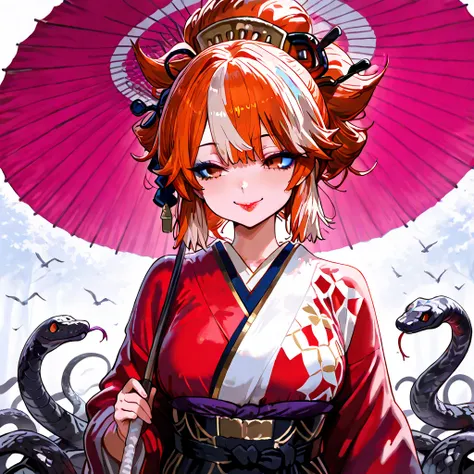 ((  top quality)), ((  Masterpiece)), (  Details),  red and black and gold tricolor hair , Hair Is Tied ,  Hair Ornament,Auburn eyes , length, Narrow eyes,  blue eyeliner ,  red lips,Smiling from the bottom of my heart,  red Japanese kimono with black spid...