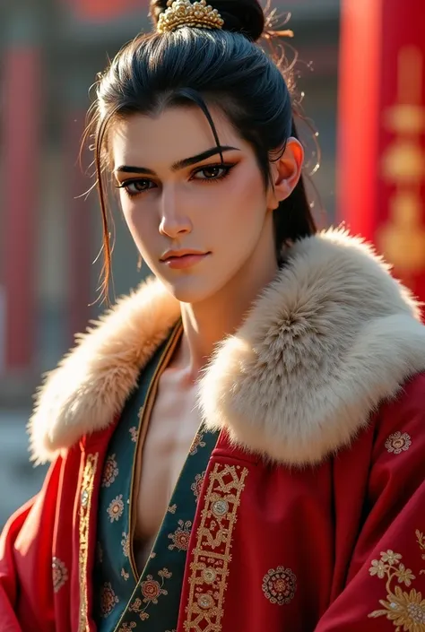 1 handsome Chinese guy. Half-pigtailed hair pulled back . Wearing a crown of hair on his head. Hazel color sharp eyes . handsome face . cute face .  smiling seductively .  very handsome face . A Crown Prince of the Kingdom. Memakai hanfu sutra luxurious wa...