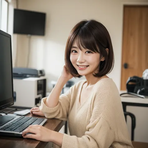  Japanese Women　50th Generation　 bob hair　Hair Color Dark Brown　grace　Smiling at the computer　Beige