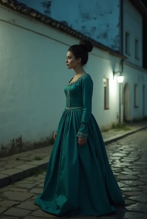 Wall of a colonial mansion in the background,  painted white , Front view of the wall. An 18th century lady, wearing robes from that period, dress in turquoise color, With black hair tied in a bun. walking in profile , crossing a street with stone pavement...