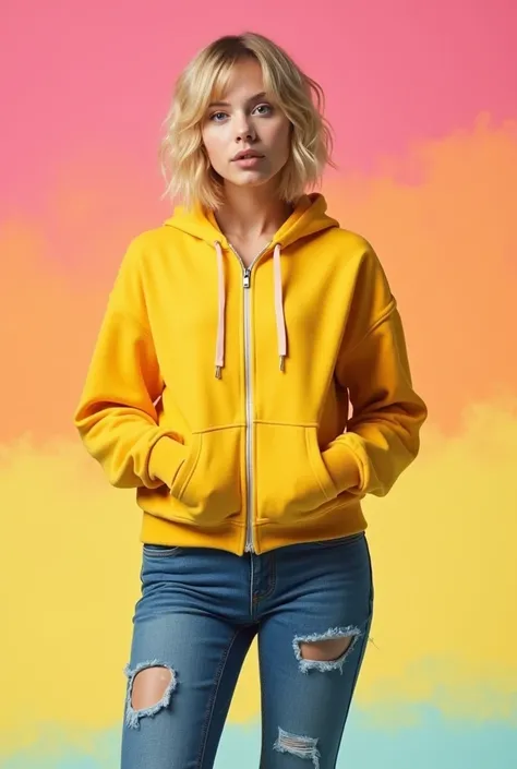 5,2.  Short dirty blond hair. Yellow gap zip up hoodie. Bootcut jeans with big hole I the knees. Italian skin. No freckles. Make background bright pink then yellow then bright light blue going from top to bottom