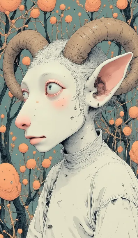 There is a white sheep with long horns and bows, a pastel by Iwao Takamoto, CG Societyでトレンド, Baroque, Art Doll, Girl's richly designed horn , Mark Ryden's style,  Ball Joint Doll , Mark Ryden style , beeple と jeremiah ketner, bjd, STYLE WOOP ,  art toy