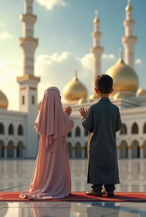 Make a realistic photo Two ren girl and boy praying a Namaz in the front of makkah with clouds in the makkah direction 