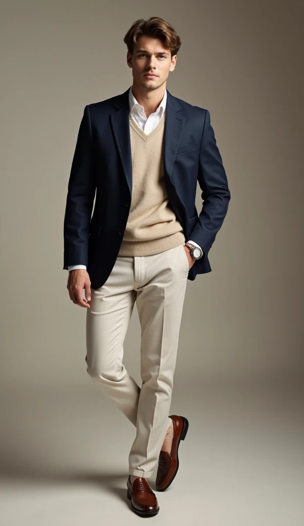 "A young, sophisticated man in a professional photo studio, dressed in a refined yet effortless Old Money style. He wears a well-fitted navy or beige blazer over a lightweight cashmere sweater or a crisp white button-down shirt with the top button undone, ...