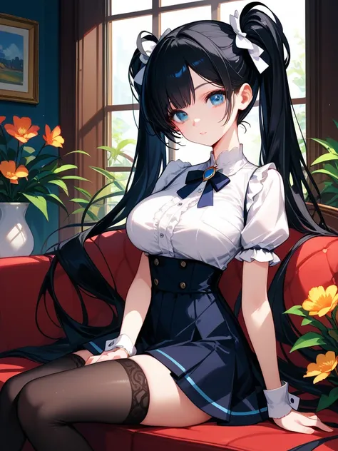 
( High quality , ultra detailed, careful with hand ) Big breasts but realistic human proportions. black hair, twintail, blue eyes. (High quality blue eyes.) White blouse, black skirt, black stockings. beautiful girl, only sole. looking at viewer. haughty ...