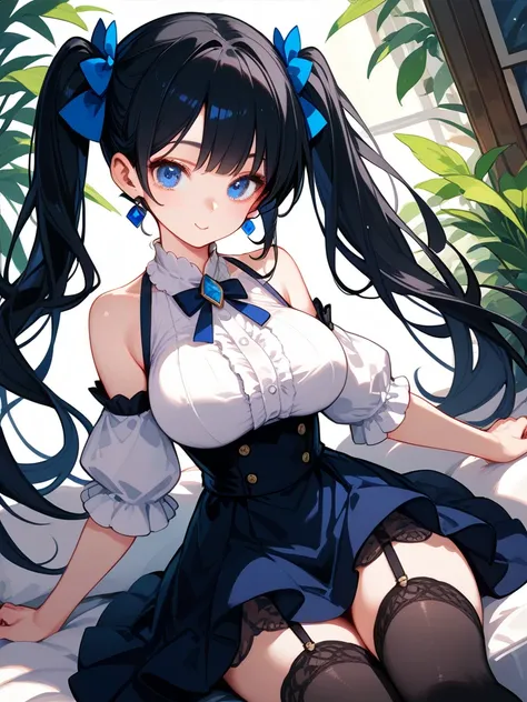 
( High quality , ultra detailed, careful with hand ) Big breasts but realistic human proportions. black hair, twintail, blue eyes. (High quality blue eyes.) White blouse, black skirt, black stockings. beautiful girl, only sole. looking at viewer. haughty ...