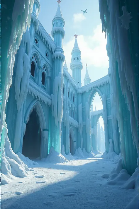   Photorealistic professional film ,  Scene from the movie Ice Castle in style X  ,    the majestic Ice Palace under The rays of the winter sun,   magical and fantastic architecture  ,  creating a grand spectacle  .   majestic ice walls  ,   sparkling towe...