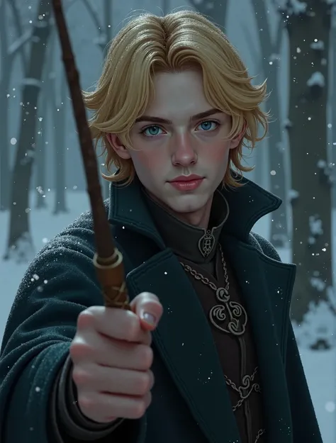 a close up of a person holding a wand in a snowy room, a character portrait inspired by William Mustart Lockhart, tumblr, digital art, holding a wand, holding wands, long trunk holding a wand, holding wand, similar to malfoy, handsome guy in demon slayer a...