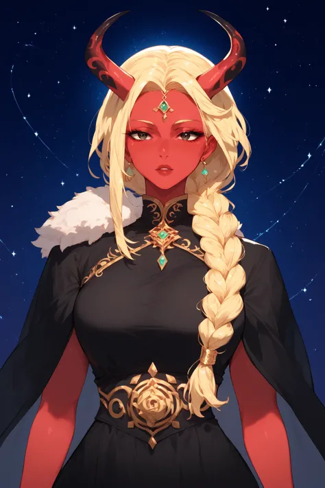 Woman,red skin, horns, queen's clothes, black clothes,zakusi, Single braid, Black eyes, Blonde hair ,Long braid ,Constellations on the body, cosmic appearance 