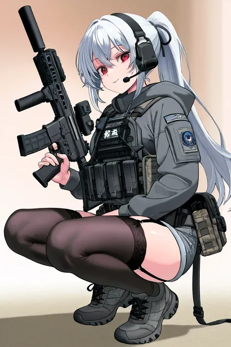 A tactical anime-style adult female soldier wearing tactical gear with a fleshy, glamorous figure。Silver hair is tied in a ponytail with a short navy band、 has red eyes 。 has a confident and seductive look 。 equip it with black tactical armor over a gray h...