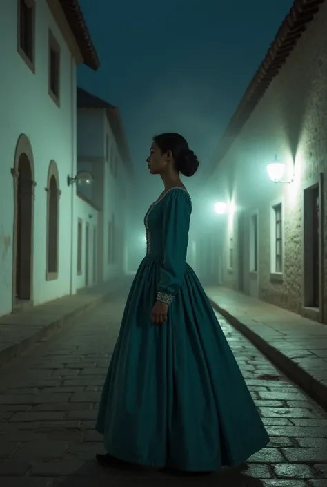 Wall of a colonial mansion in the background,  painted white , Front view of the wall.  An 18th century lady, wearing robes from that period, dress in turquoise color, With black hair tied in a bun. walking in profile , crossing a wide and wide street ,  w...