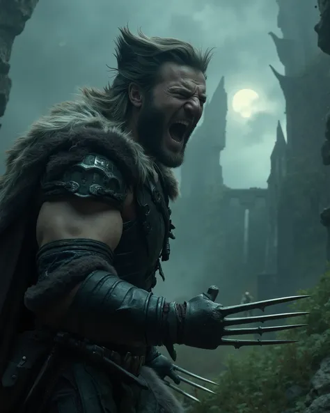 Create a gritty, cinematic portrayal of Wolverine as a Dúnedain ranger, wandering the ruins of Arnor. He wears weathered, dark leather armor with a fur-lined cloak, and his claws are forged from ancient Númenórean steel, glowing faintly with runes. His hai...