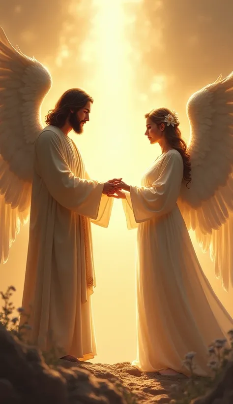 Create an image of Jesus and an  with wings, That this  is holding hands with Jesus in an illuminated setting 