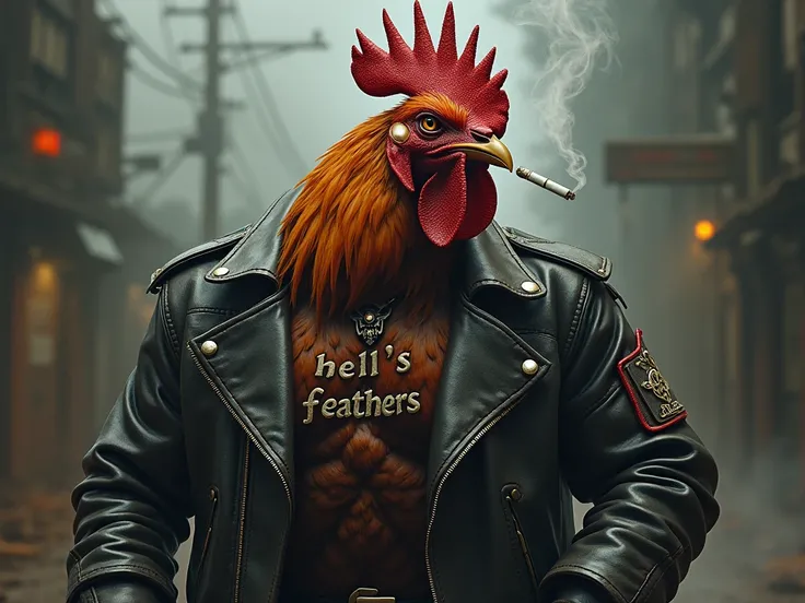 A giant rooster wearing a leather jacket with the words "Hell's Feathers" embroidered on it, smoking a cigarette with a grim look