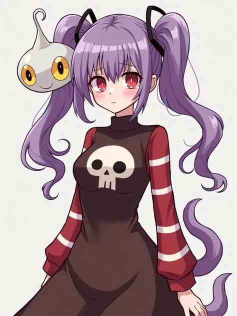  Big Breasted Anime Girl, long brown dress ,  that in the design of the dress has a skull ,  with red and white sleeves in vertical stripes , light purple skin,  purple hair,  hair in 2 ponytails ,  Fringe that covers the right eye and other red eyes ,  in...