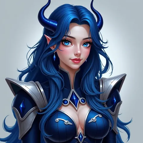 A 18 year old woman, Long deep blue hair with silver streak, Cyan eyes color, Mostly human with faint blue scale, Large breasts Elegant sapphire imperial horns and wearing a stylist navy and silver battle suit with a flowing tunic.