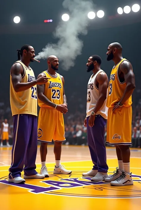 Snoop dog with Kobe Lebron James and Iverson smoking on a Lakers court 