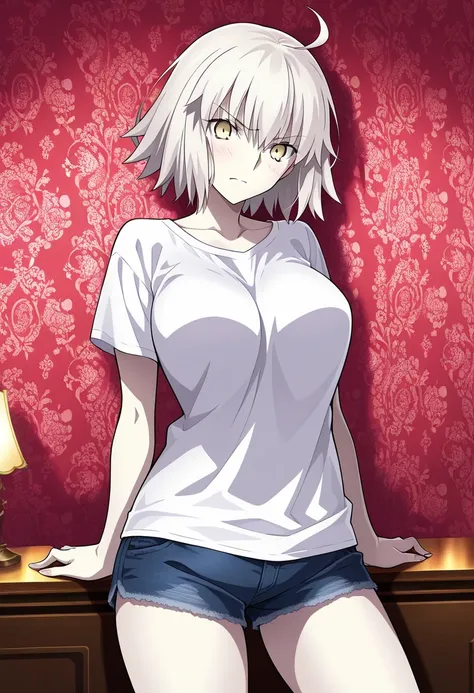 masterpiece,best quality,official art,wallpaper,absurdres, beautiful detailed face,detailed texture,detailed skin,detailed BREAK 1girl,Jeanne D'Arc Alter, fate grand order,source_fate grand order,shirt,shorts,room