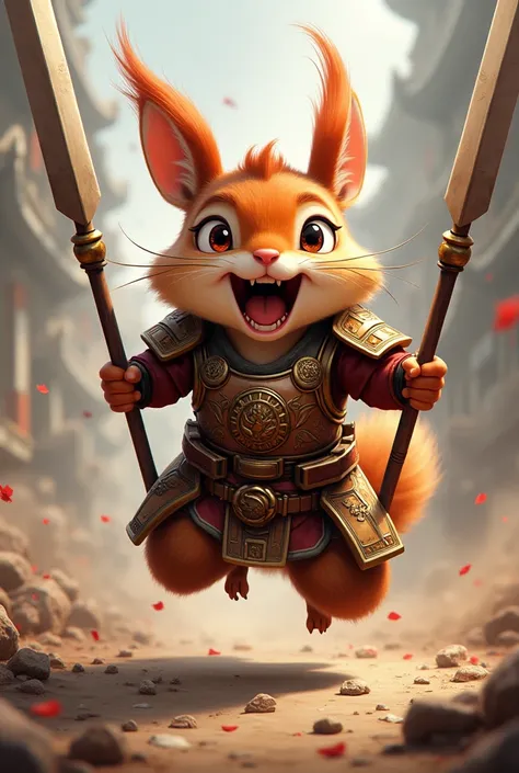 A cartoon of a squirrel with big eyes ,  wearing ancient Chinese war armor .  Running forward with two spears in his hands while making a passionate war cry with a very large mouth.