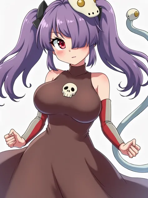  Big Breasted Anime Girl, long brown dress ,  that in the design of the dress has a skull ,  with red and white sleeves in vertical stripes , light purple skin,  purple hair,  hair in 2 ponytails ,  Fringe that covers the right eye and other red eyes ,  in...