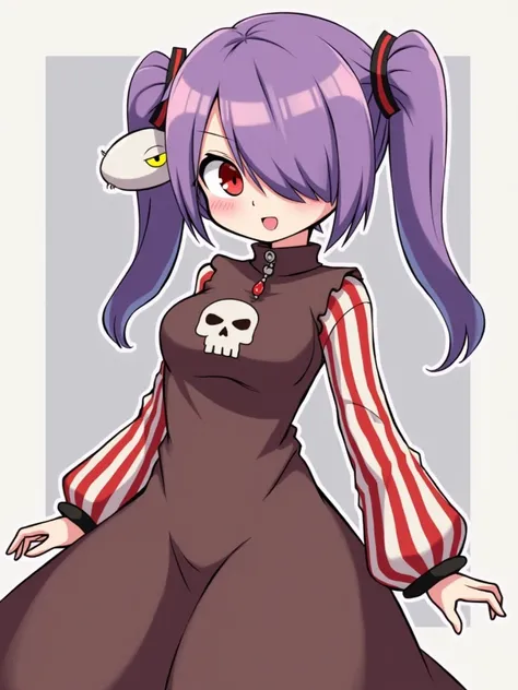  Big Breasted Anime Girl, long brown dress ,  that in the design of the dress has a skull ,  with red and white sleeves in vertical stripes , light purple skin,  purple hair,  hair in 2 ponytails ,  Fringe that covers the right eye and other red eyes ,  in...