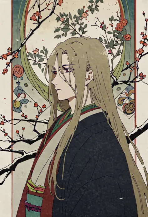 score_9, score_8_up, score_7_up, mononoke, ((male)), yellow hair, long hair, 20 year old, handsome, red eyes, japanese clothes, long sleeves, plant, branch, kimono