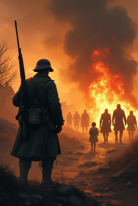 A German soldier stands heroically in front of a burning village, holding a rifle, shielding women and ren behind him. In the distance, dark, monstrous figures (representing enemy nations like Russia, Britain, and France) approach menacingly.