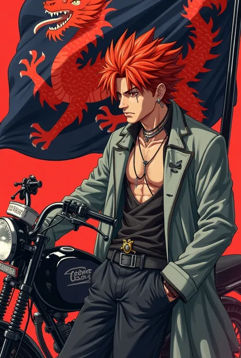 Um zikooter(Bosozoku-like character)  leaning against a parked motorcycle,  all colored red with a flag filled with dark navy blue with a red dragon, He wears a fine overcoat (similar to Kimono) light gray with two black dragons crossed in X drawn on the t...