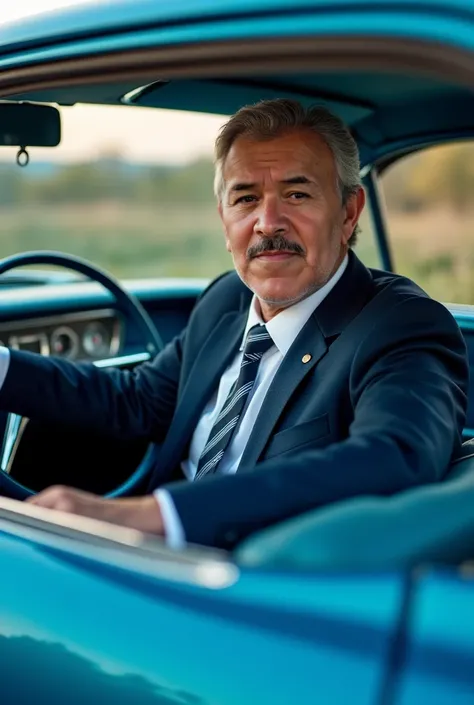 Based on that photo, he creates a 60-year-old male character with a 60's style in a classic blue car 