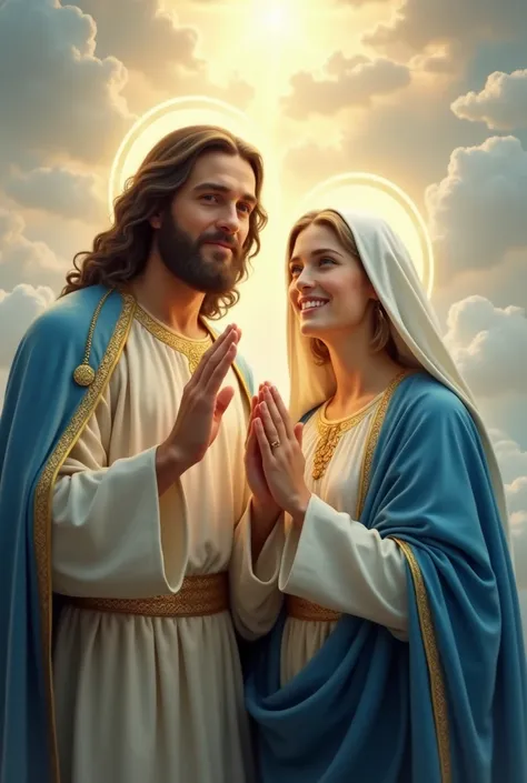  Create a vertical image with a 9 :16 que retrate jesus e Maria de forma serena e inspiradora. Both must be centered ,  looking directly at the spectator with expressions of compassion benevolence . jesus, with its classic features, long hair and beard,  w...