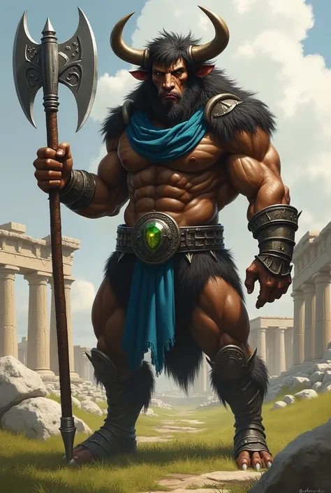 Muscular Minotaur, hairy bull upper body , hoofed feet, spiked steel bracers, steel belt with green gem in center, symmetrical giant greataxe in right hand, pointing finger forward, blue cloth sash on chest, black eyes, grassy field, greek ruins in backgro...