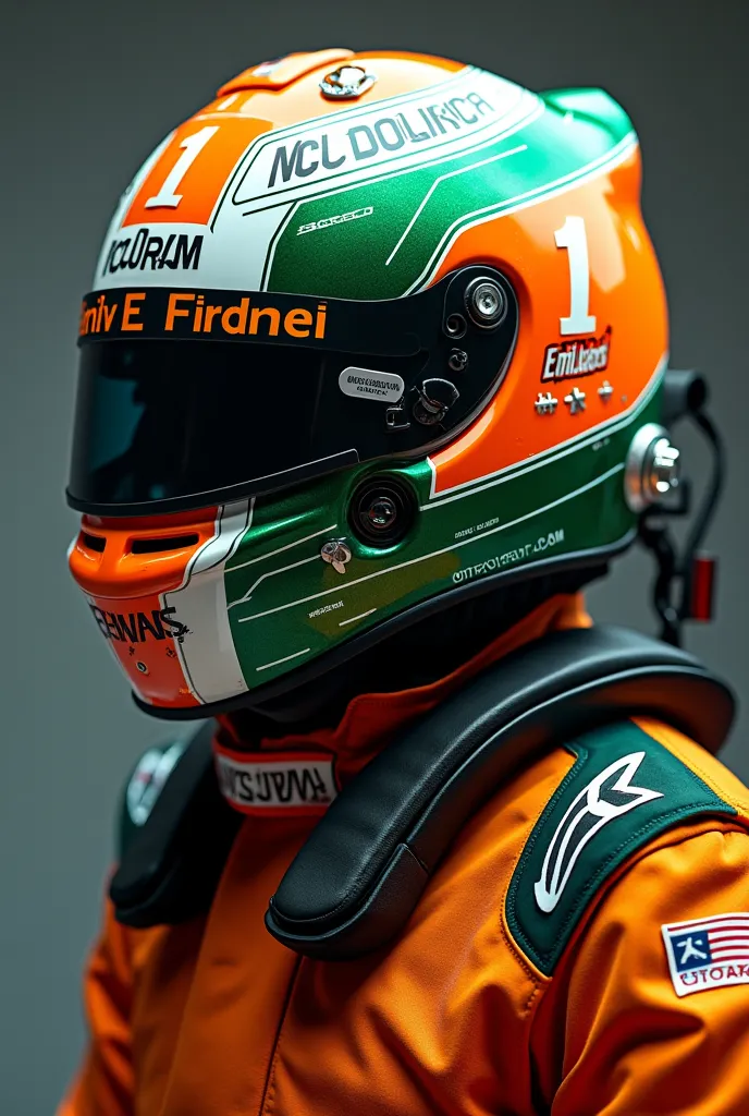 You can create an F1 helmet that is green, white and orange and that has the number 1.