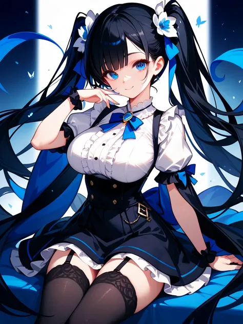 
( High quality , ultra detailed, careful with hand ) very big breasts but realistic human proportions. black hair, twintail, blue eyes. (High quality blue eyes.) White blouse, black skirt, black stockings. beautiful girl, only sole. looking at viewer. hau...