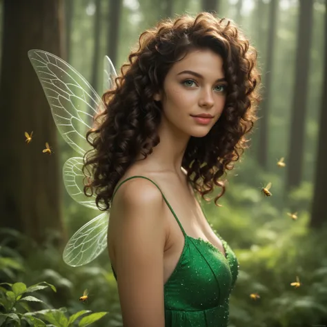 score_9, score_8_up, score_7_up, (realistic:1.4),
very aesthetic, best quality, absurdres, (rating_safe), detailed face and eyes, fairy with wings, black curly hair, caramel colored skin, messy hair, dress, fireflies, forest, green eyes, (freckles:0.82)