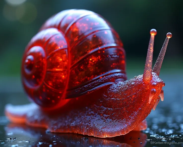 (Close-up of a better masterpiece:1.5)0.9], a snail, Its shell made it two meters tall, and it reflected with a ruby light. Its body was a transparent red that radiated with a silver-blue hue from within