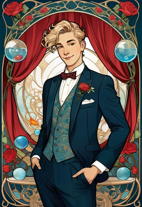 art nouveau style. Pictured on the card is a young man from the waist up, with a sly smile and medium blonde hair tied back in a small manbun. He is wearing a 3 piece suit, is flanked by red curtains, and surrounded by random items, like roses, marbles, an...